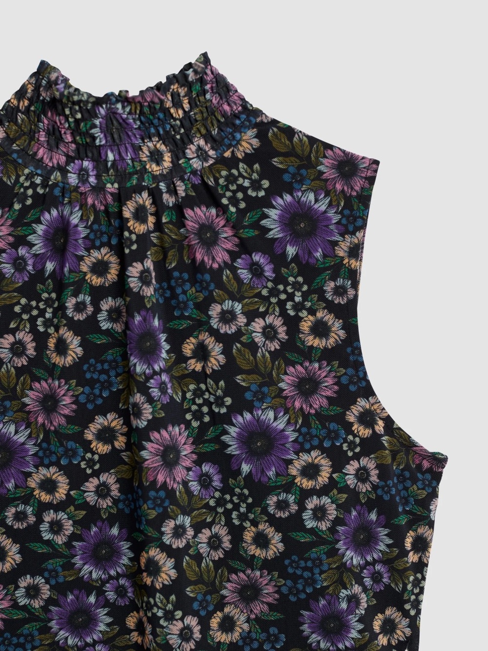 Sleeveless Mock-Neck Floral Cropped Jeans Top - Purple - Picture 6 of 10